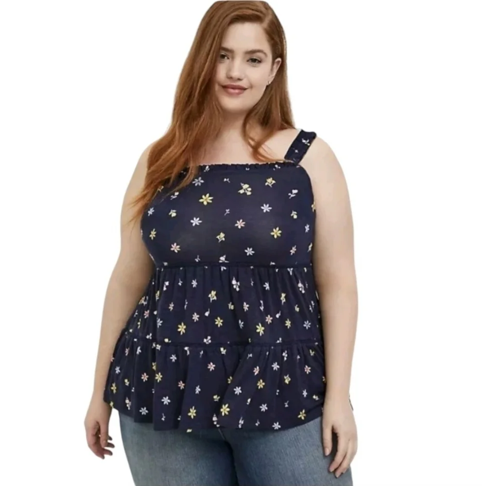 Torrid Womens Navy Ditsy Super Soft Slub Tiered Off the Should Top Size‎ 4X